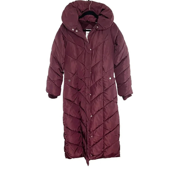 Steve Madden Merlot Long Puffer Coat Synthetic Removable Hood Women's XS NEW - Picture 1 of 13